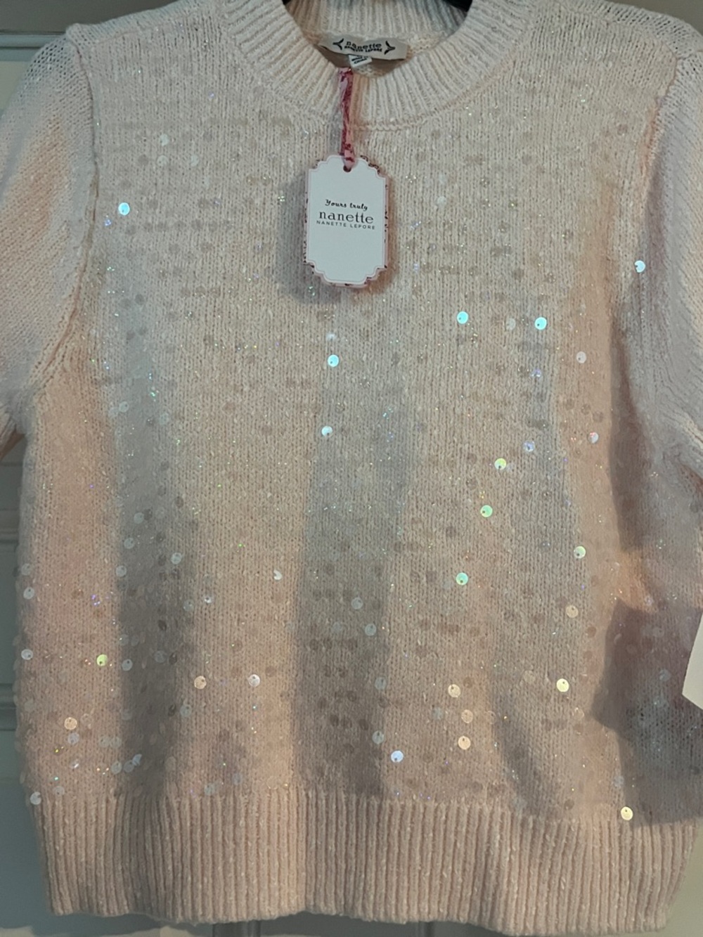 NANNETE LePORE Pale Pink /Sequin Embellished Short Sleeve Sweater NWT Size M - Picture 2 of 11